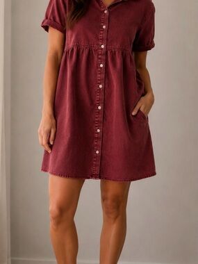 Casual Button-Front jean Dress in Burgundy
